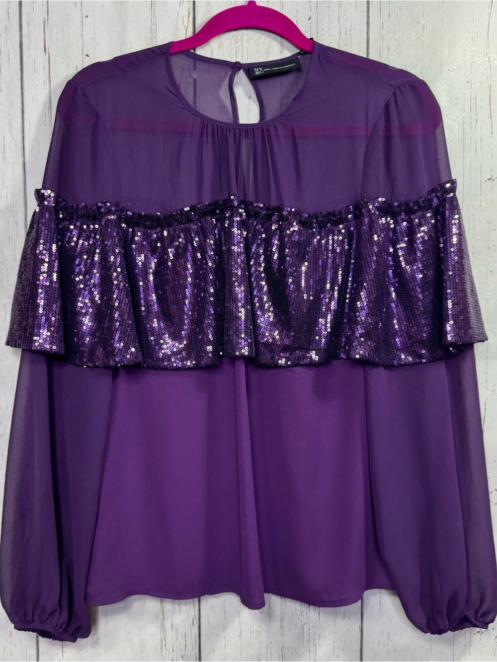New York & Company Purple Sequin Chiffon Blouse M Sheer Glam Party Holiday Flowy